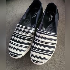 Clarks Women Blue and White Striped Loafers
